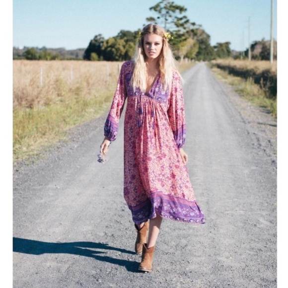 R. Vivimos Paisley‎ Boho Floral Midi Dress size Small 4/6 tie neck festive - Picture 6 of 14